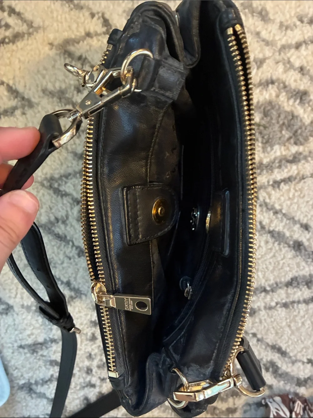 DKNY Black Leather Crossbody with Gold-Tone Trim